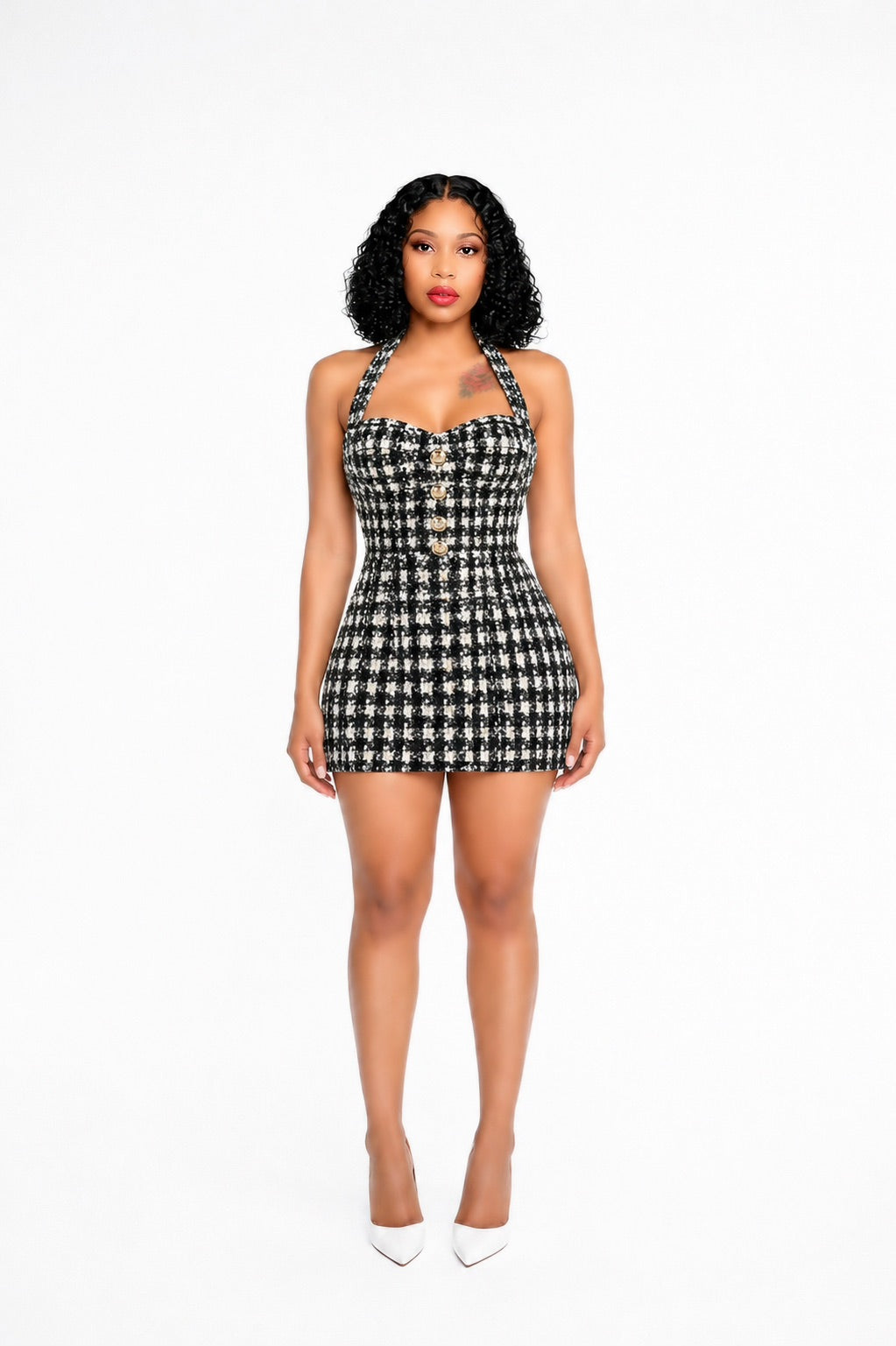 Halter Houndstooth Dress Black White