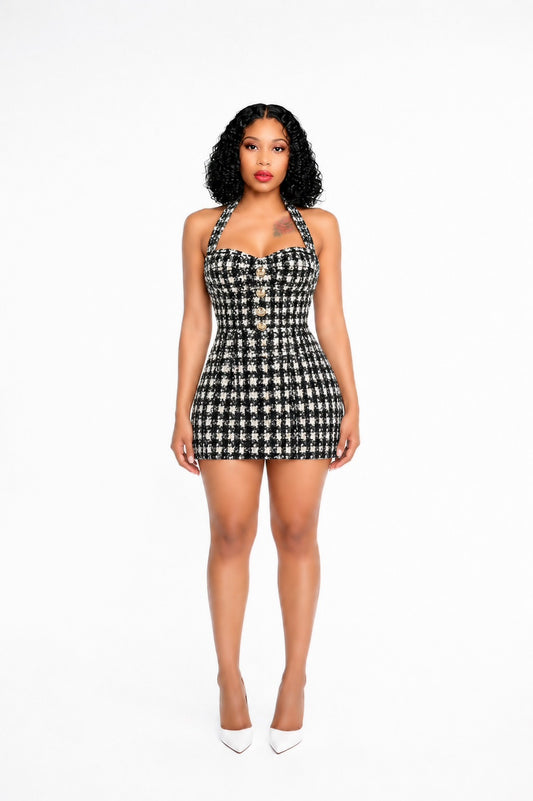 Halter Houndstooth Dress Black White
