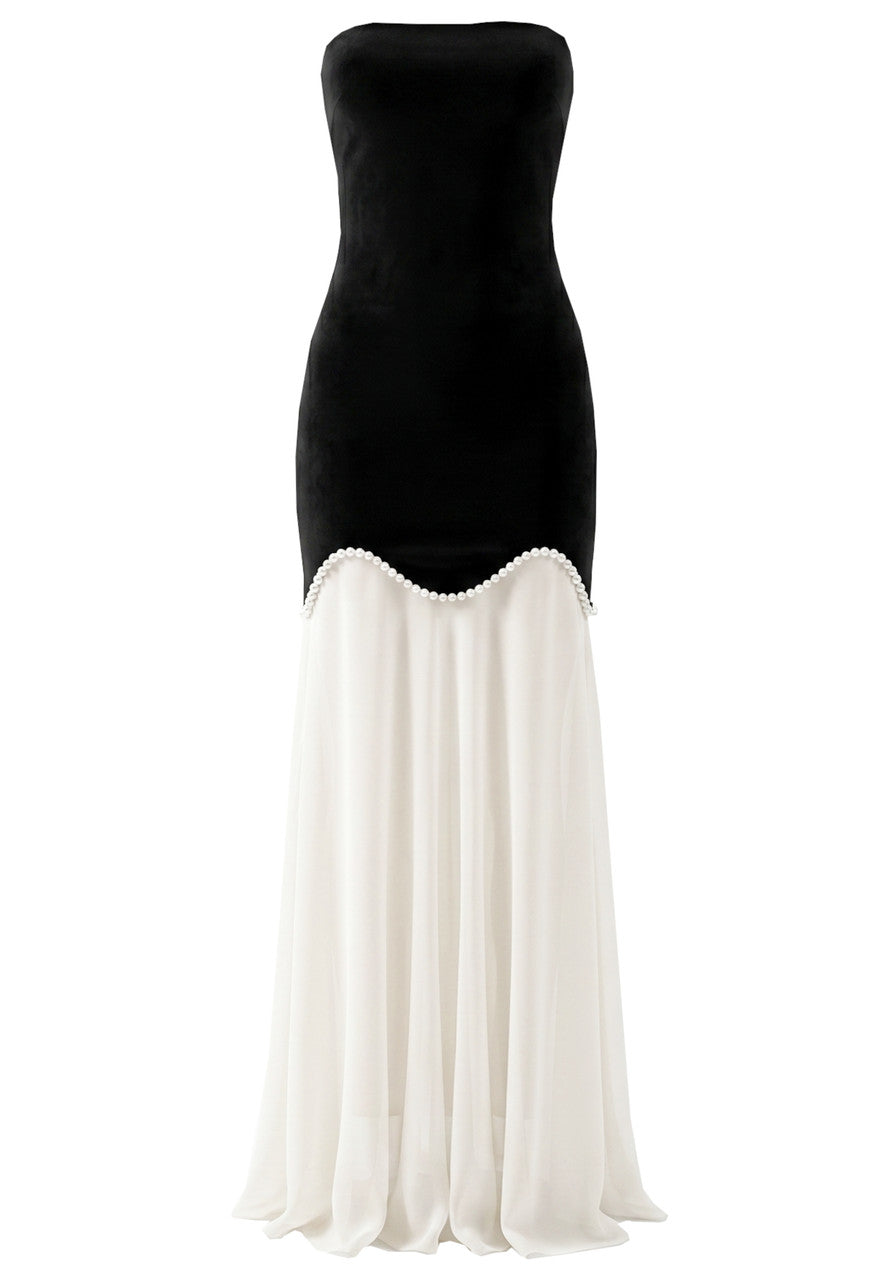 Strapless Pearl Detail A Line Maxi Dress Black White