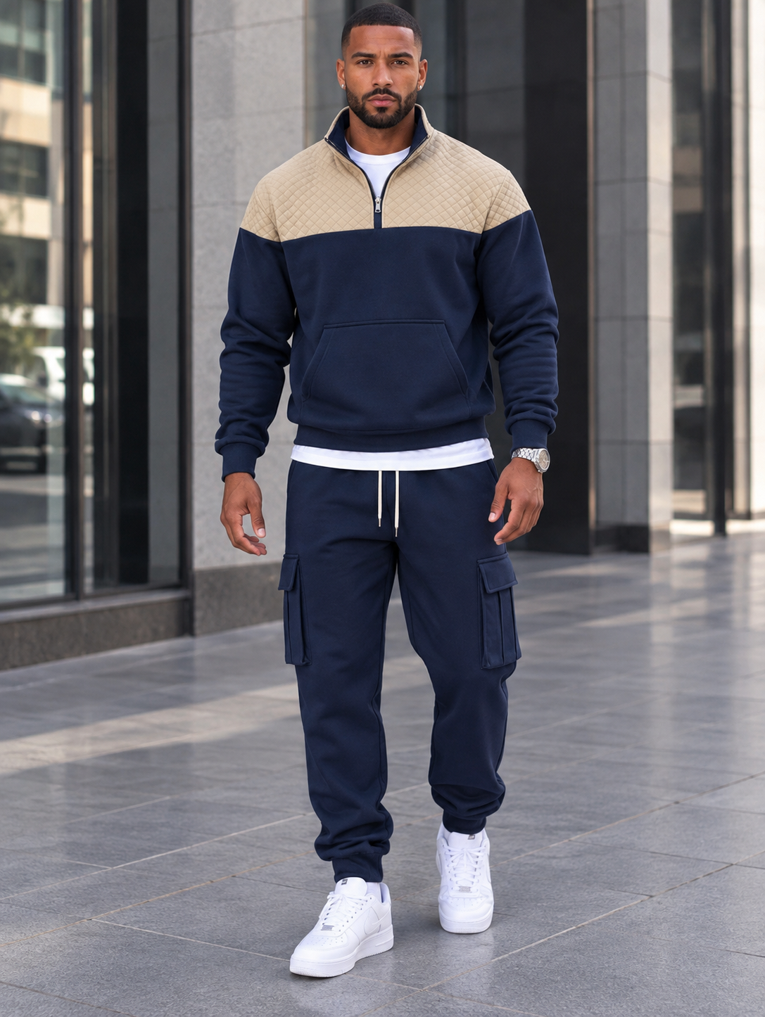 Men's Full Size Quilted Quarter-Zip Top and Cargo Joggers Set Plus Size
