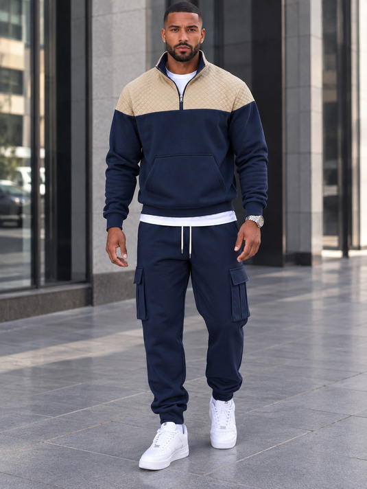 Men's Full Size Quilted Quarter-Zip Top and Cargo Joggers Set Plus Size