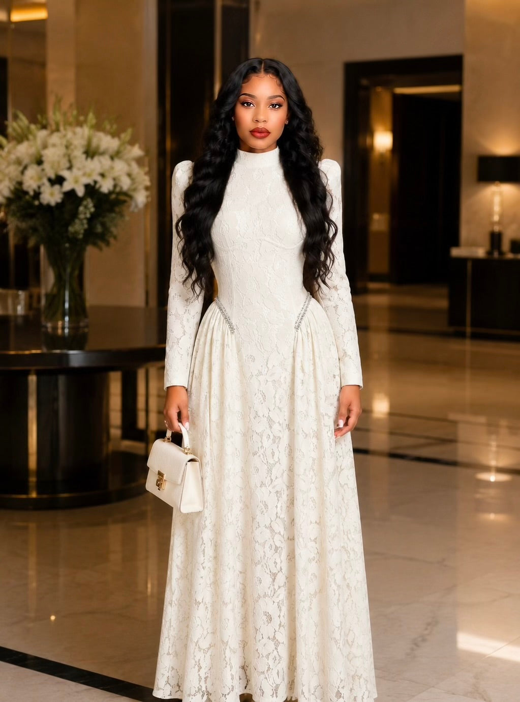Long Sleeve Crystal Detail A Line Lace Maxi Dress Ivory