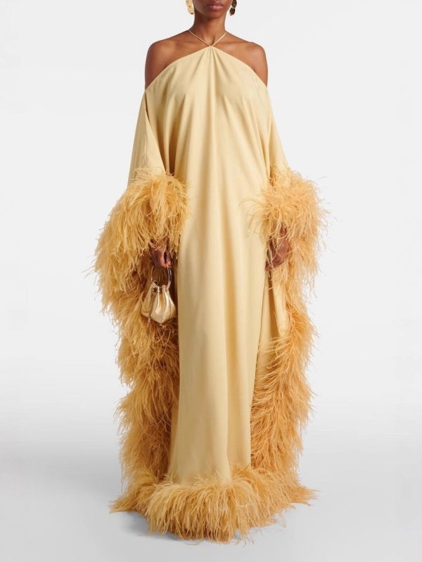 Golden Feather Elegance Maxi Dress