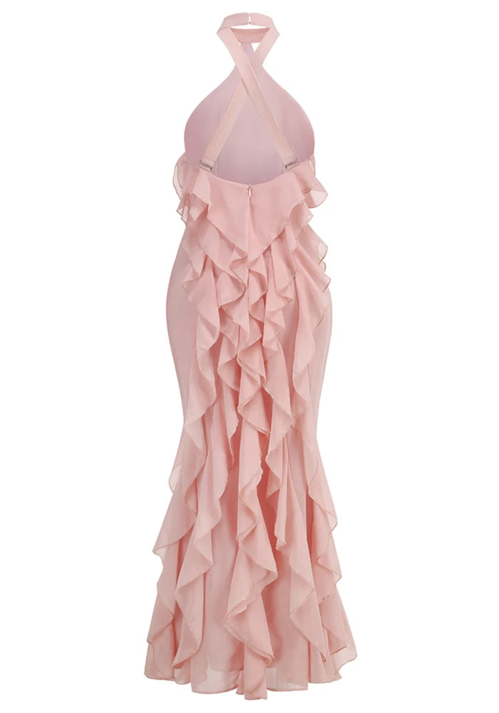 Halter Ruffle Detail Maxi Dress Pink