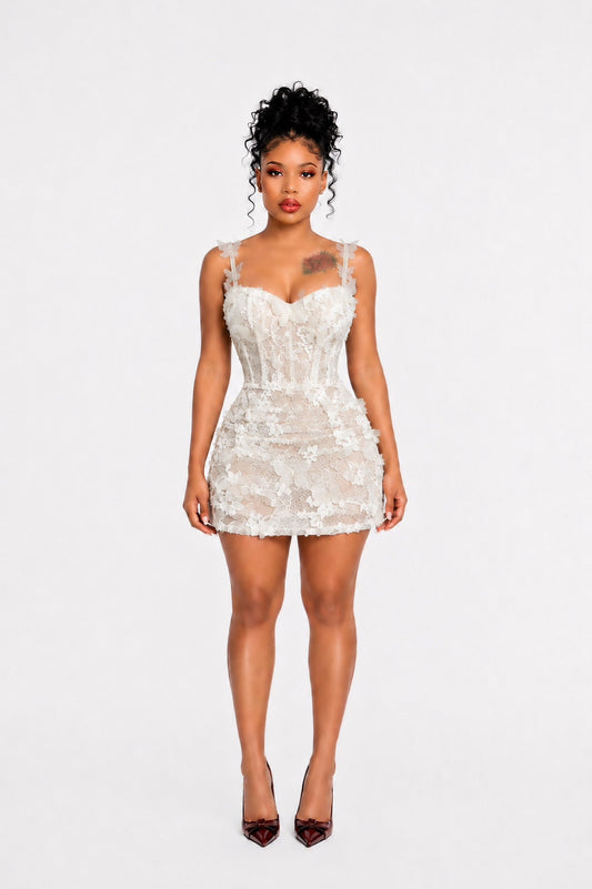 Floral Butterfly Lace A Line Dress Ivory