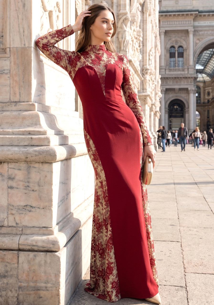 Long Sleeve Floral Lace Maxi Dress Burgundy