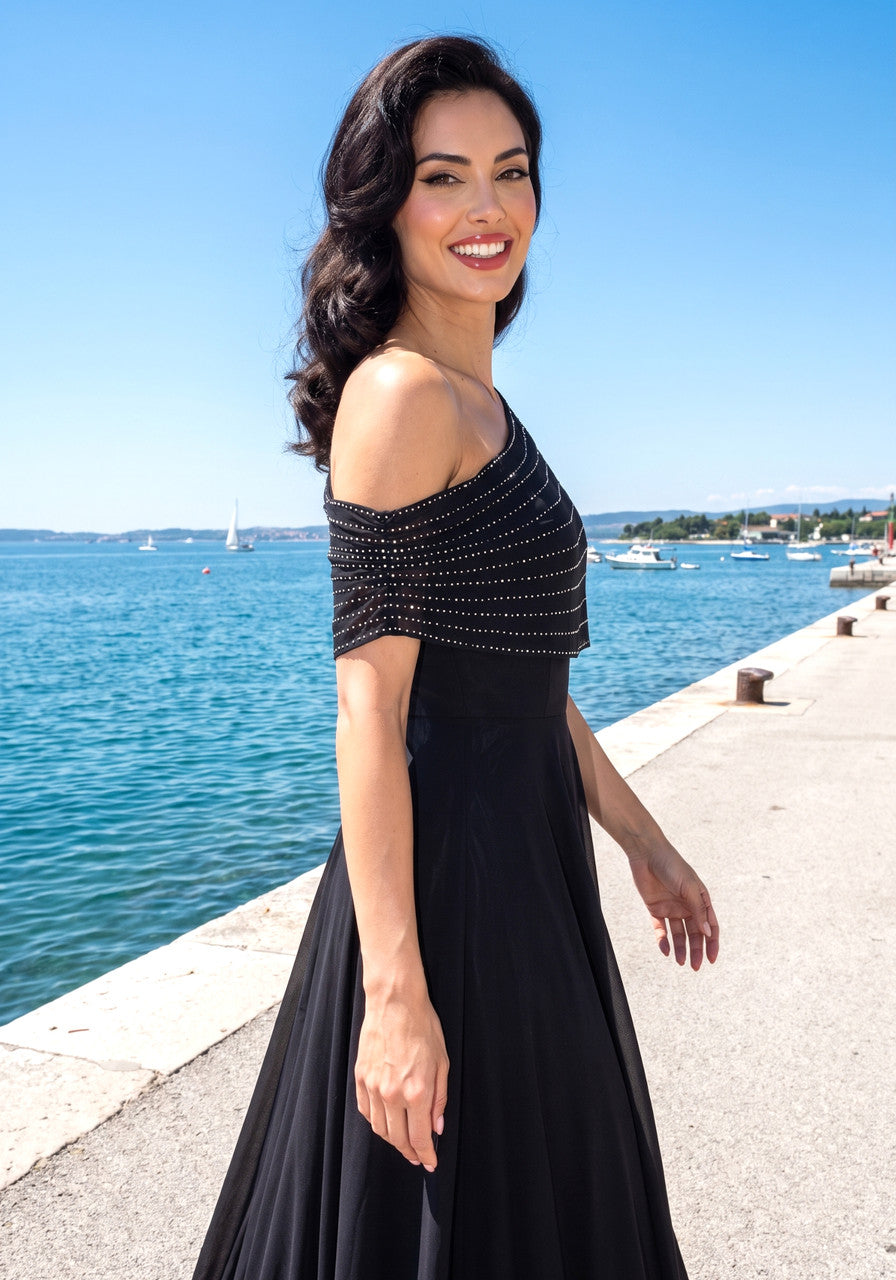 Embellished Bardot A Line Maxi Dress Black