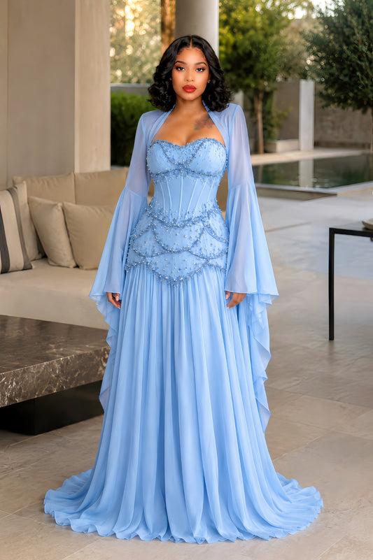 Faux-pearl-embellished Pleated Maxi Dress in Light-blue