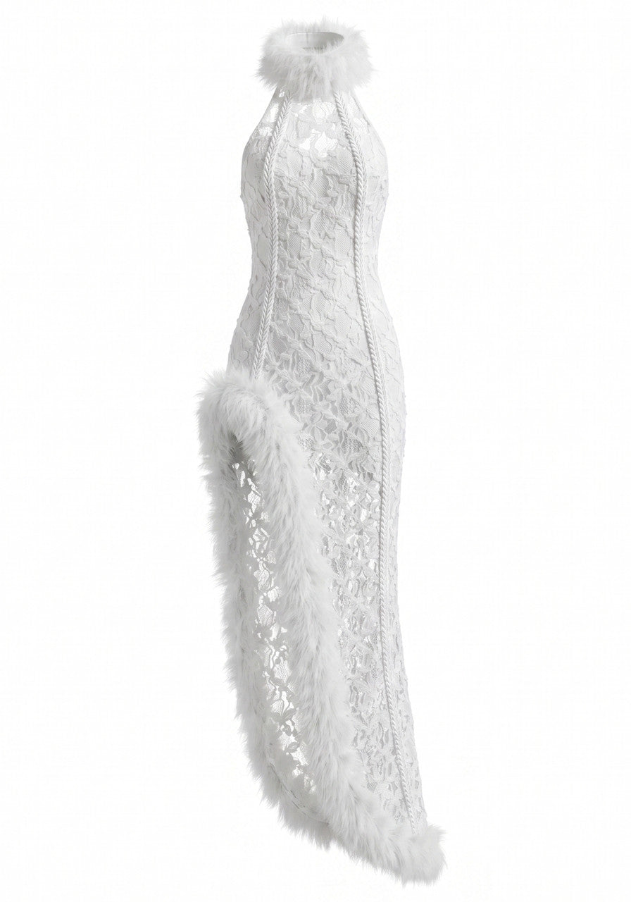 Halter Mesh Ruffle Lace Maxi Dress White