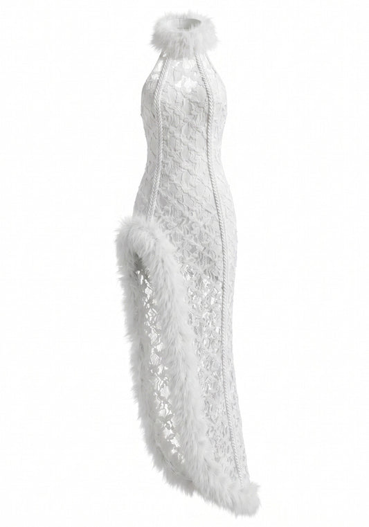 Halter Mesh Ruffle Lace Maxi Dress White