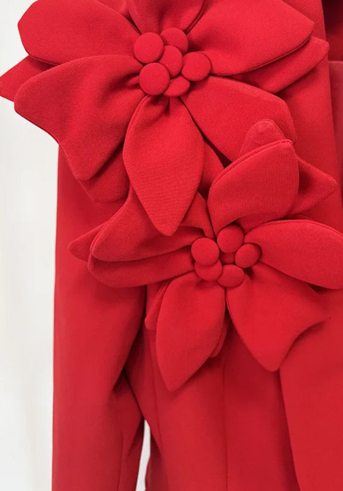 Long Sleeve Floral Detail Suit Red