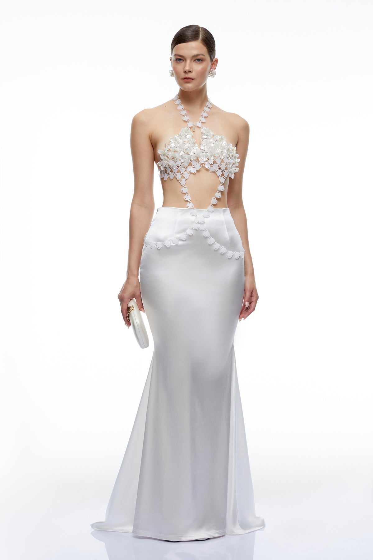 White Halterneck Top & Skirt Set with Floral Applique
