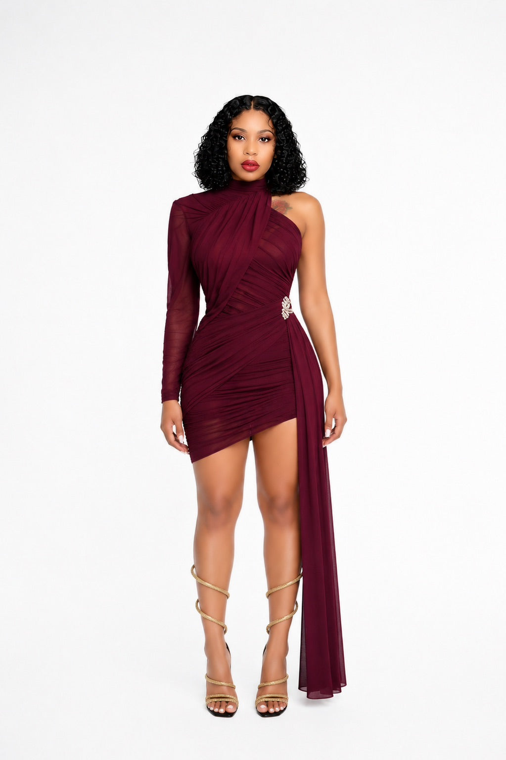 One Sleeve Draped Dress Burgundy