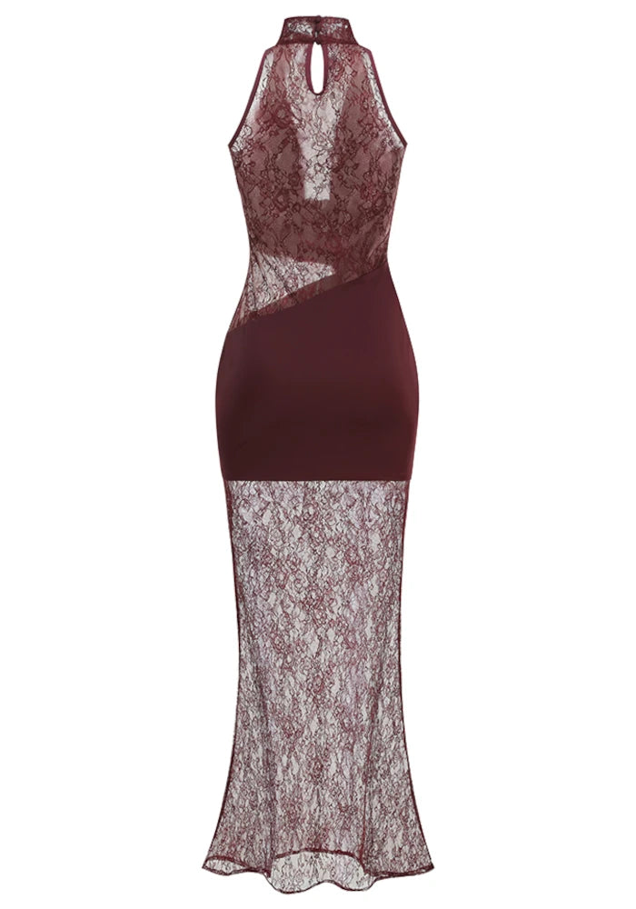 Lace Insert Draped Detail Maxi Dress Burgundy