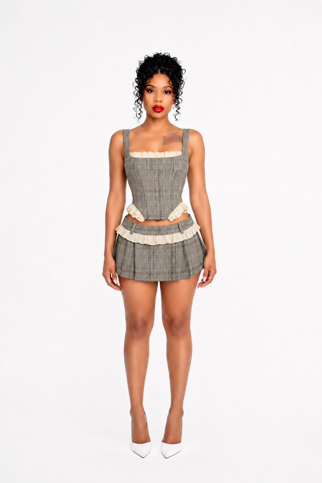 Ruffle Detail Corset Two Piece Dress Dark Grey