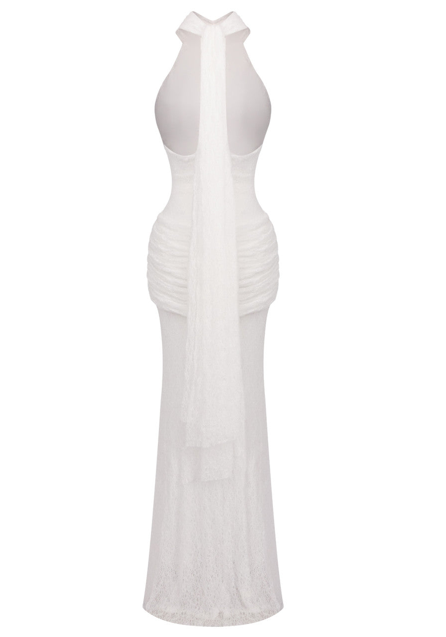 Halter Draped Lace Maxi Dress White