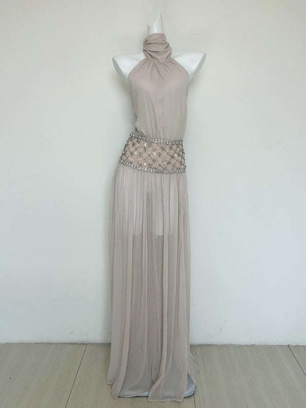 Champagne Crystal-Waist Halter Gown
