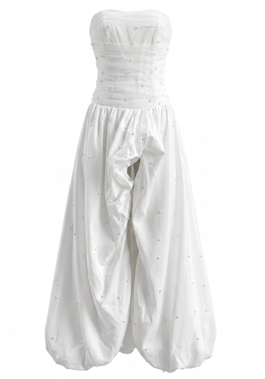 Strapless Pearl Bubble Maxi Dress White