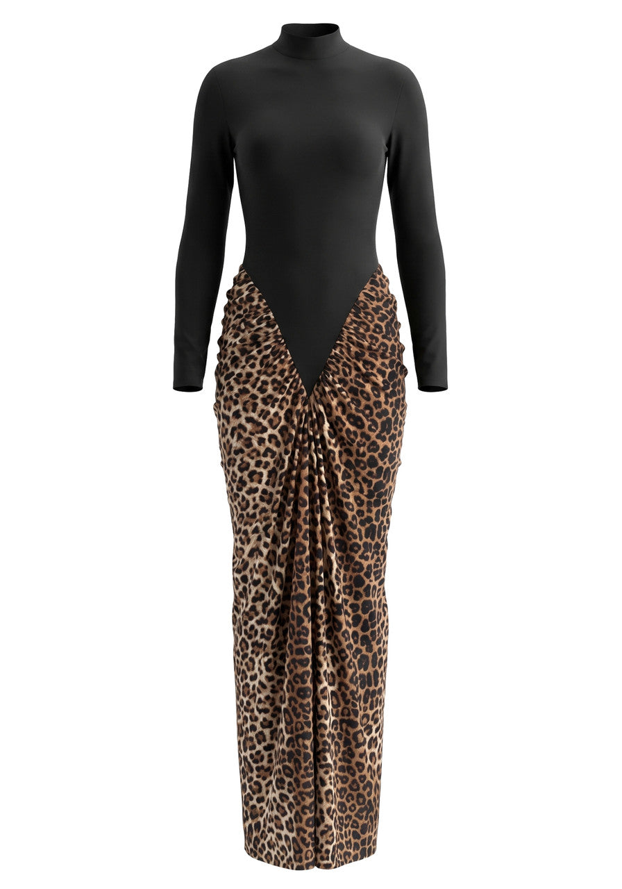 Long Sleeve Draped Maxi Dress Black Animal Print