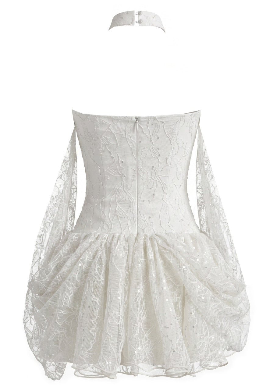 Halter Draped Lace A Line Dress White