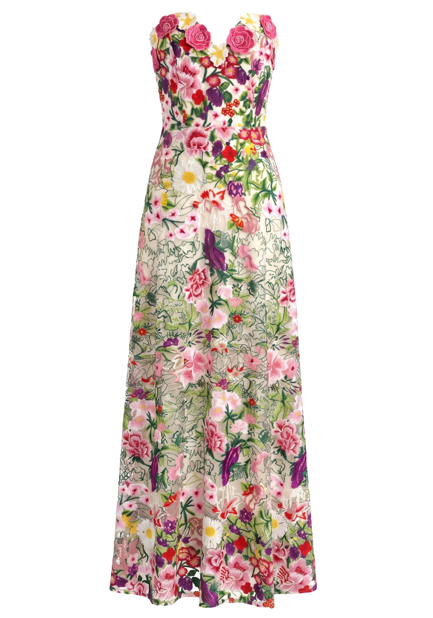 Strapless Floral Embroidered Corset Maxi Dress Hot Pink Green