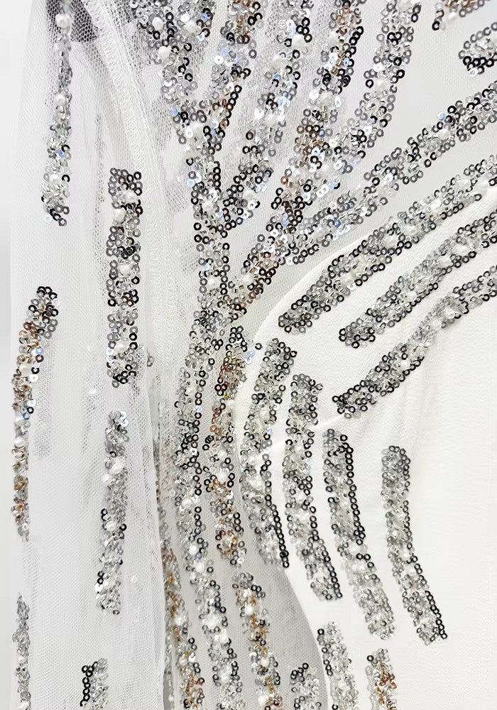 Long Sleeve Sequin Pearl Maxi Dress White