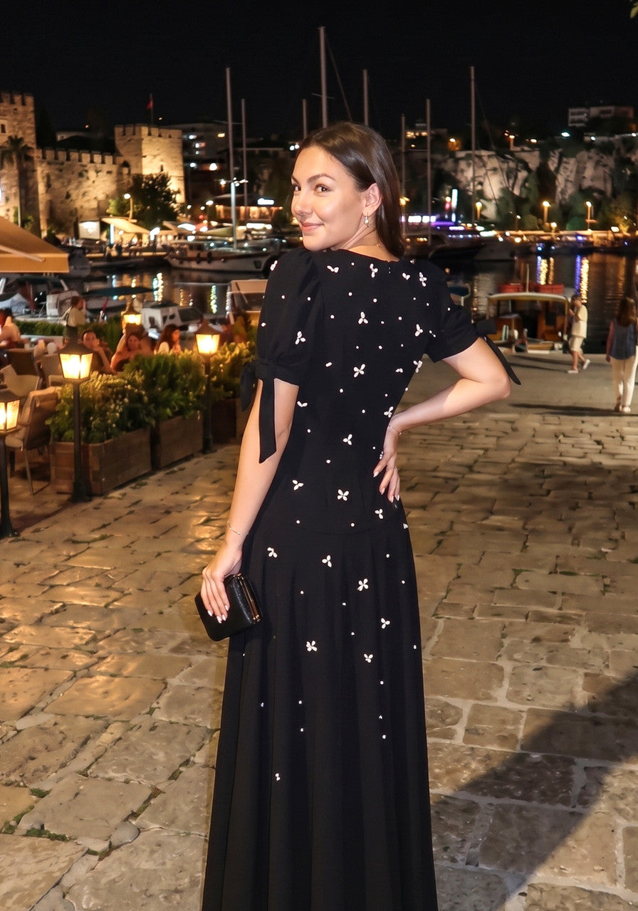 Short Sleeve Crystal A Line Maxi Dress Black