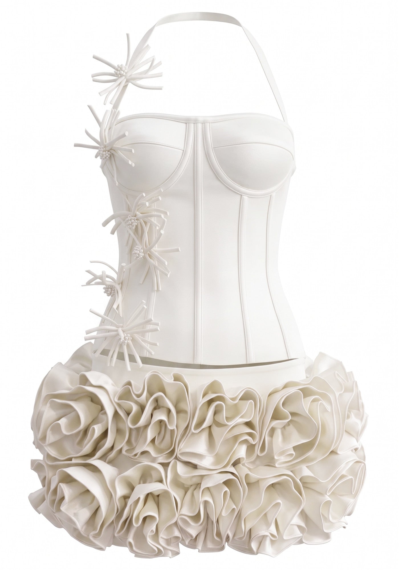 Halter Floral Detail Corset Two Piece Dress White