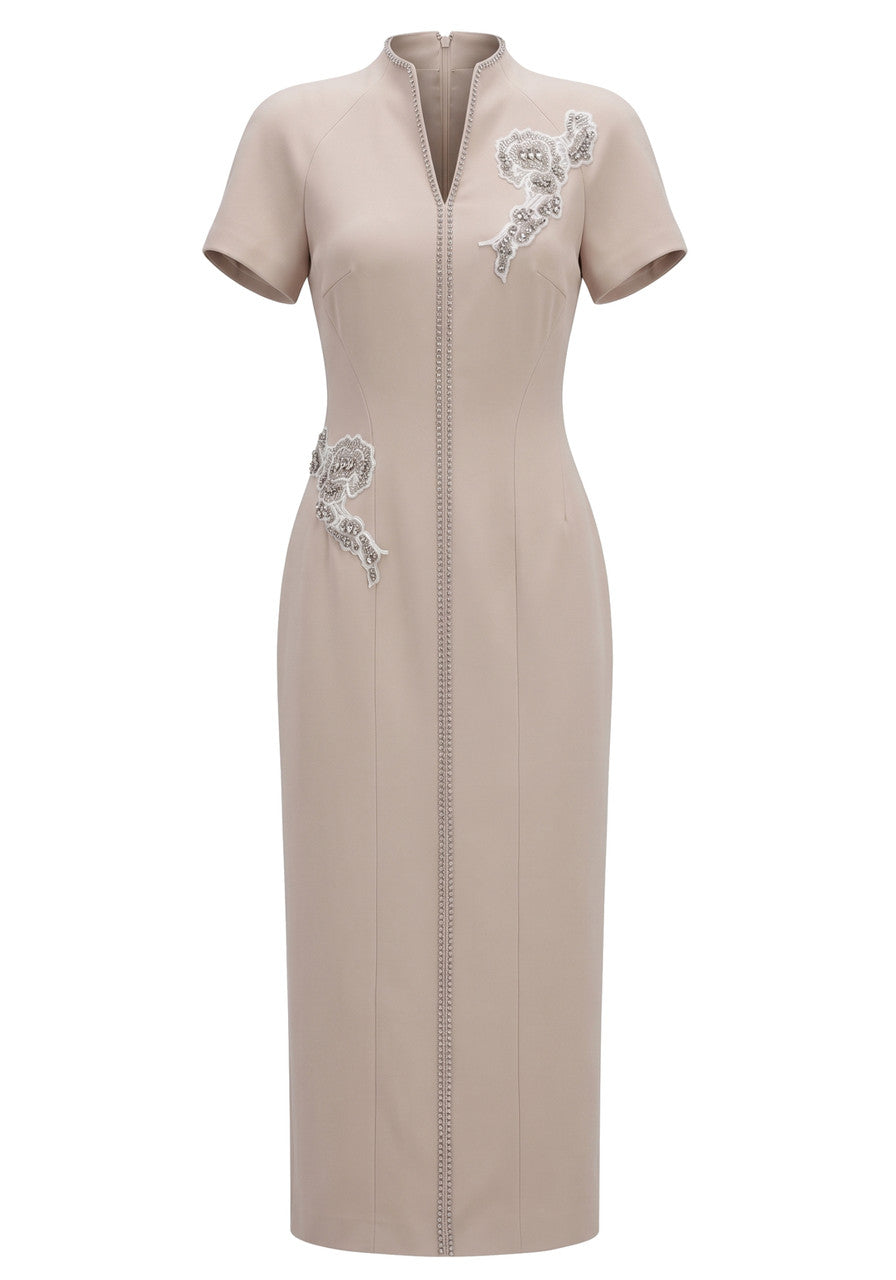 Short Sleeve Floral Embellished Midi Dress Nude