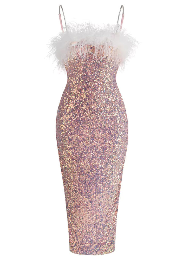Feather Detail Sequin Midi Dress Pink