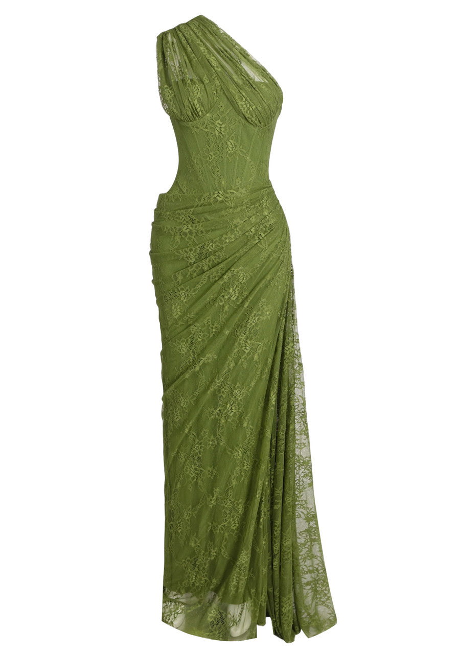 One Shoulder Draped Lace Maxi Dress Green