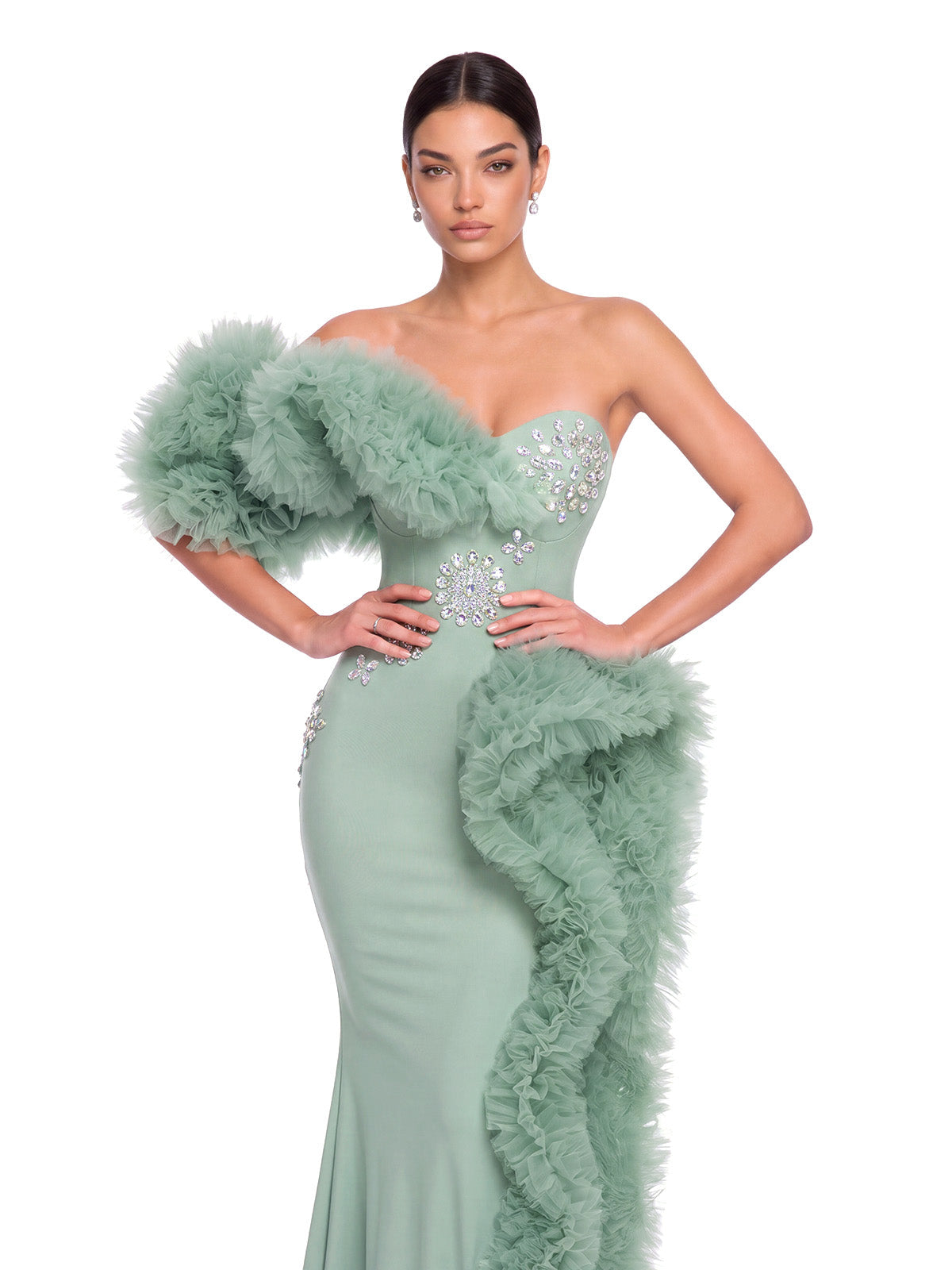 One Shoulder Crystal Tulle Maxi Dress