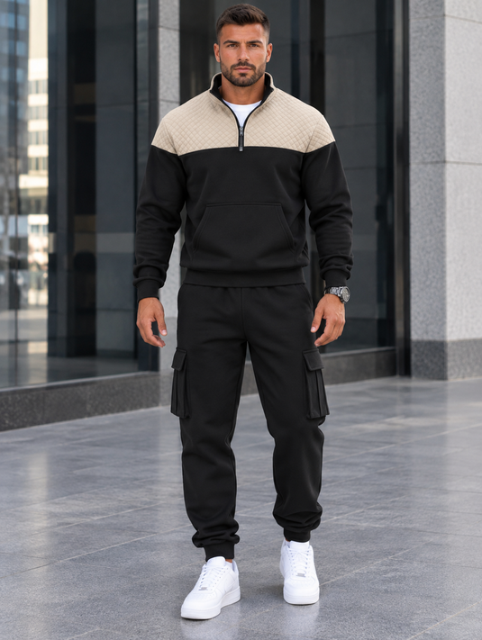 Men's Full Size Quilted Quarter-Zip Top and Cargo Joggers Set Plus Size