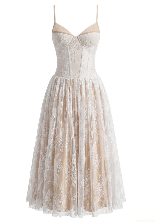 Halter Lace Bustier A Line Maxi Dress White