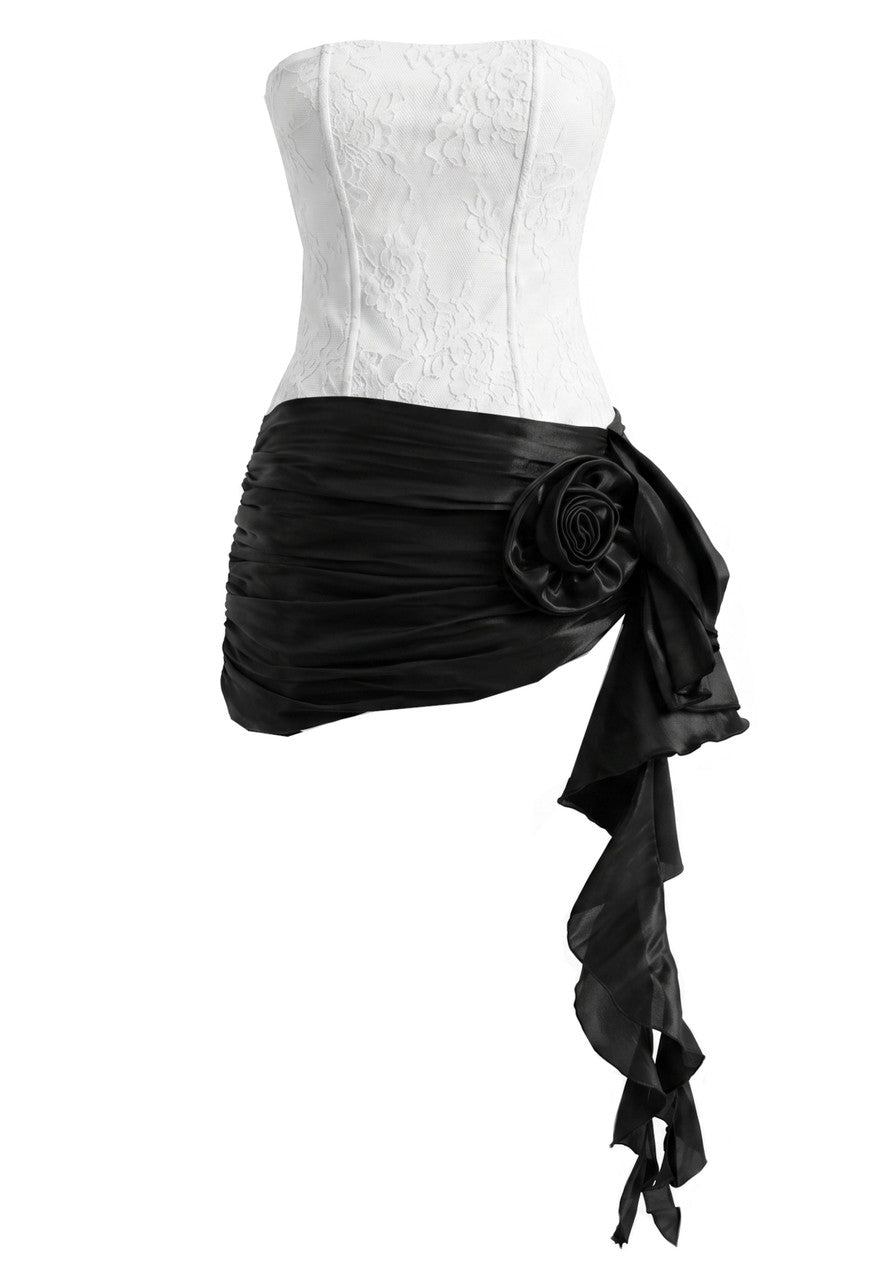 Strapless Floral Ruffle Detail Corset Dress White Black