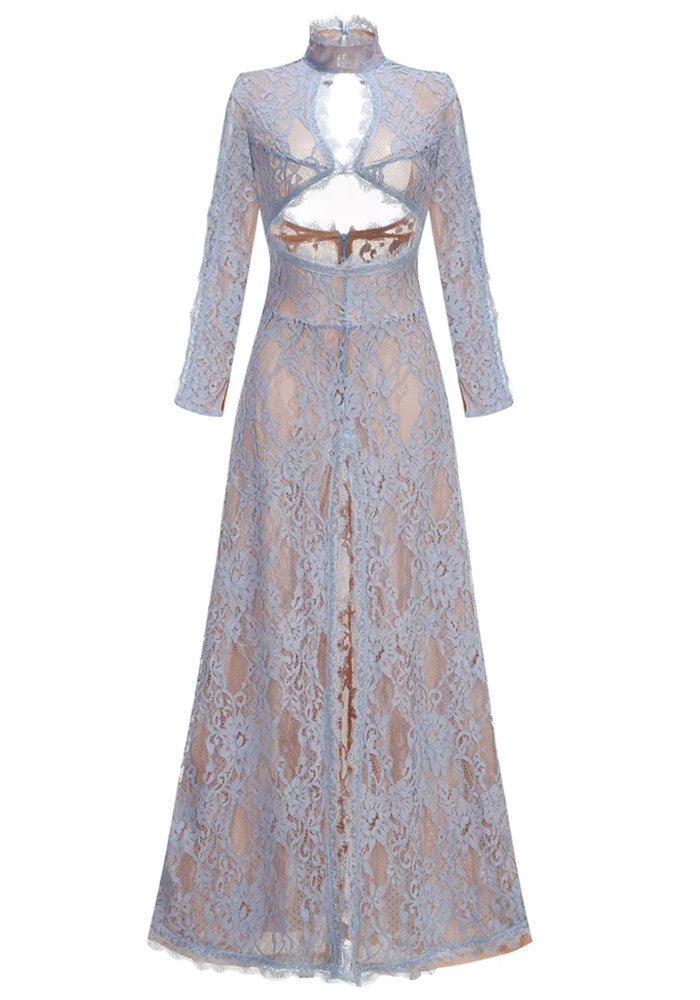 Long Sleeve Cut Out Lace Maxi Dress Blue