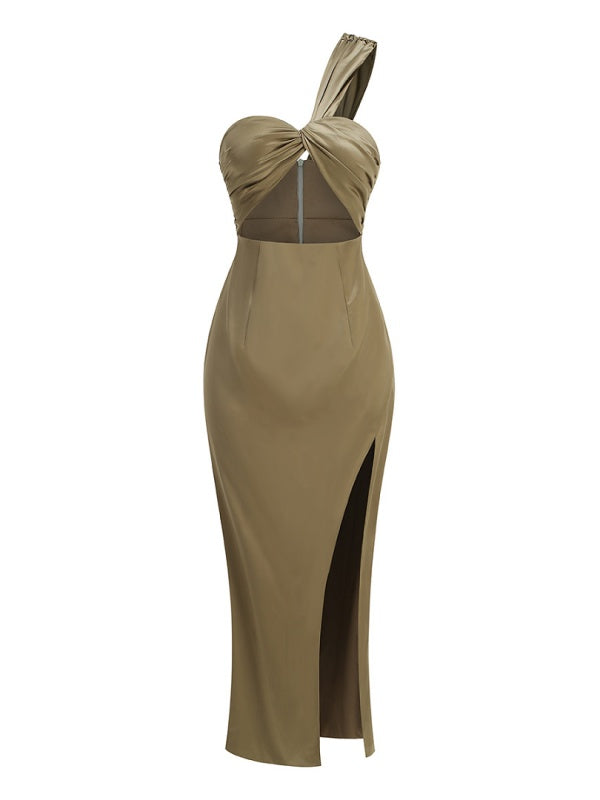 Twist-Front Satin Halter Maxi Dress with High Slit.