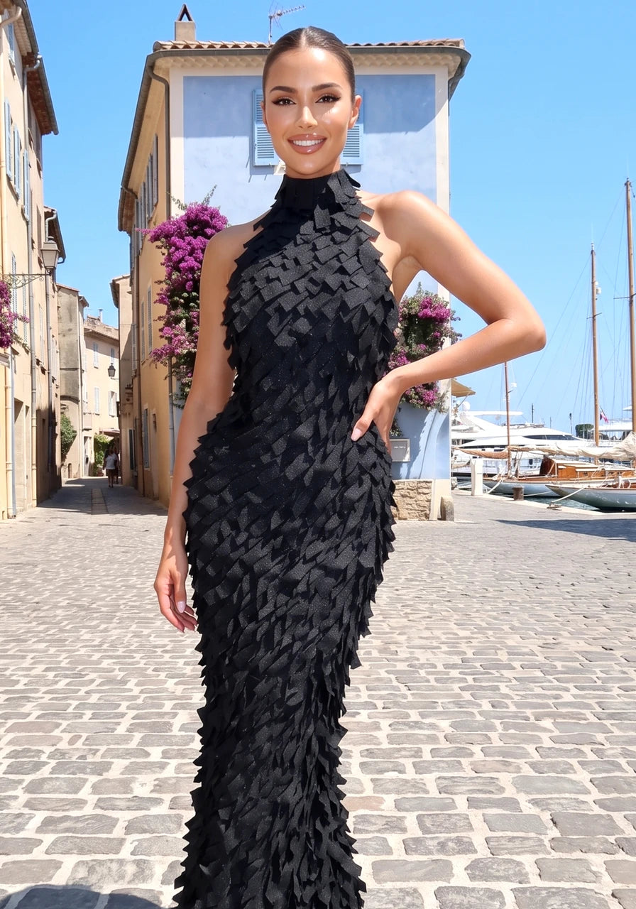 Halter Petal Detail Maxi Dress Black