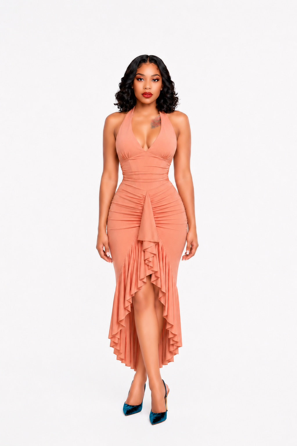 Halter Structured Ruffle Maxi Dress Coral