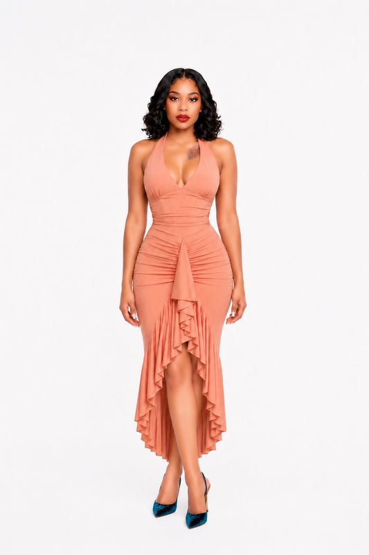 Halter Structured Ruffle Maxi Dress Coral