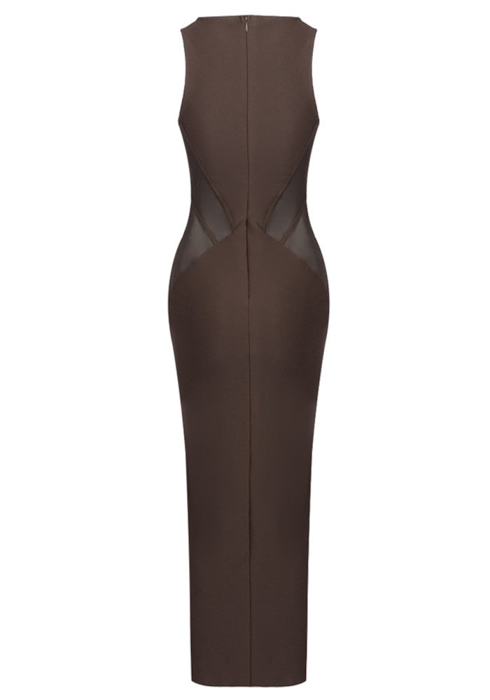 Structured Mesh Insert Maxi Dress Brown