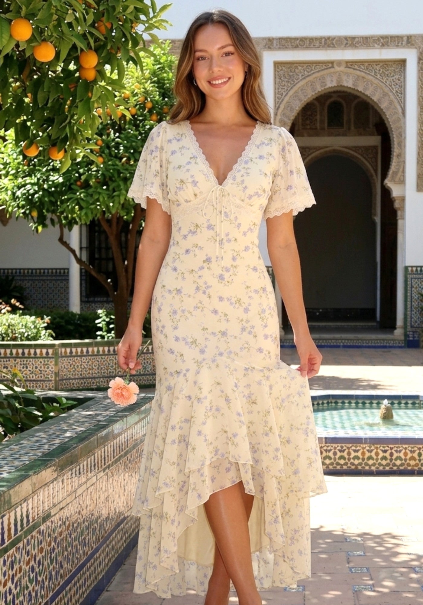 Short Sleeve Floral Lace Detail Ruffle Maxi Dress Yellow