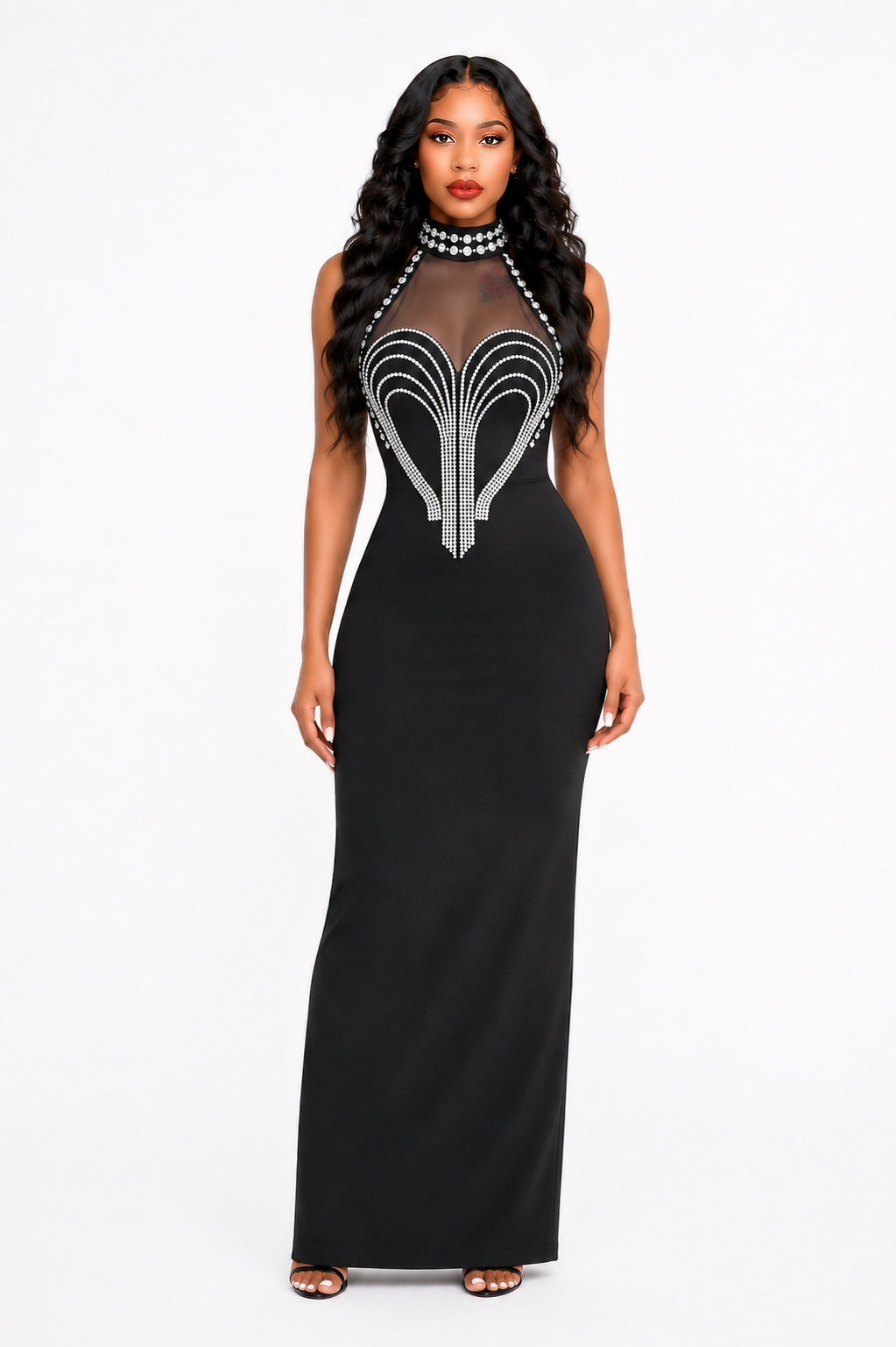 Halter Crystal Embellished Mesh Maxi Dress Black
