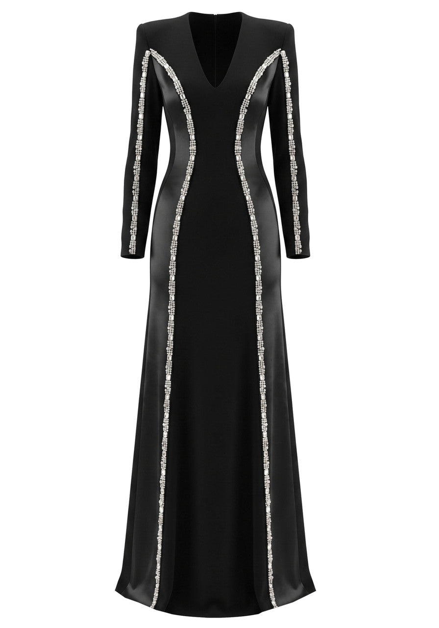 Long Sleeve Crystal Trim Maxi Dress Black