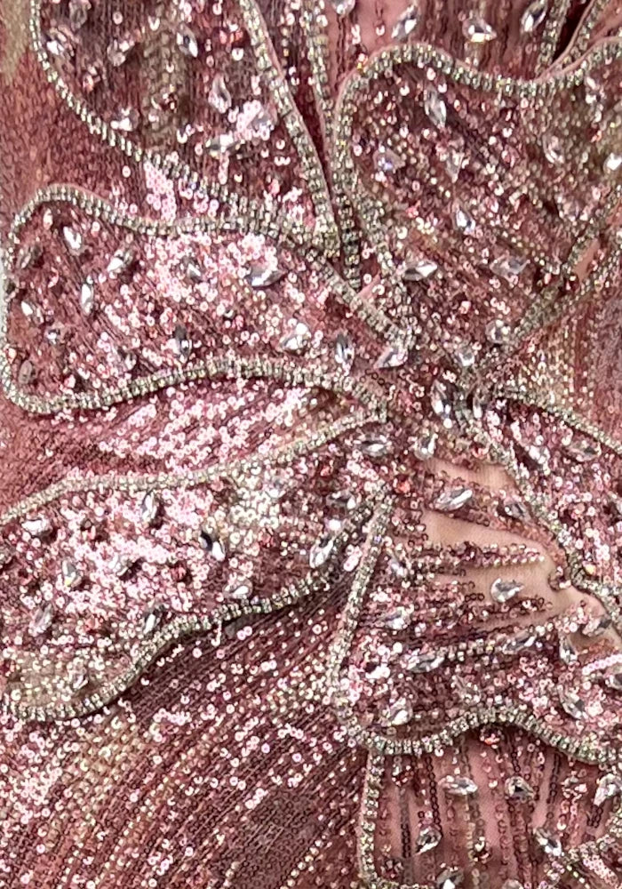Strapless Crystal Sequin Flower Maxi Dress Pink