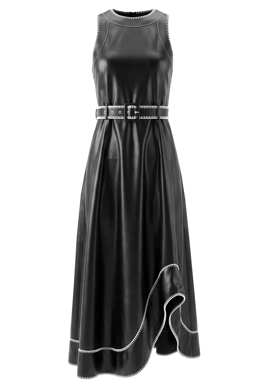 Belt Detail A Line Midi Faux Leather Dress Black