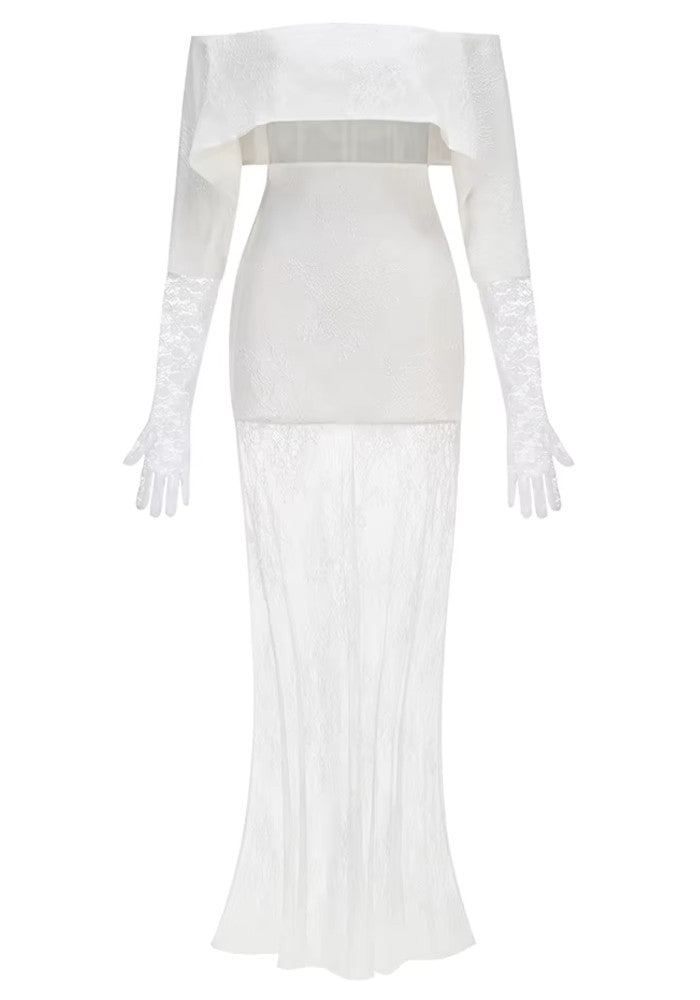 Lace Glove Sleeves Bardot Maxi Dress White