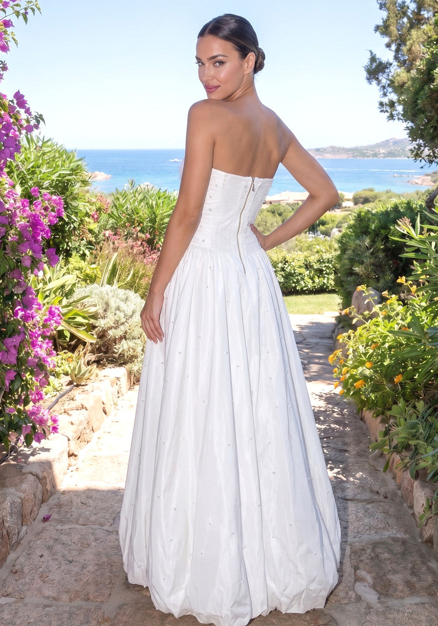 Strapless Pearl Bubble Maxi Dress White