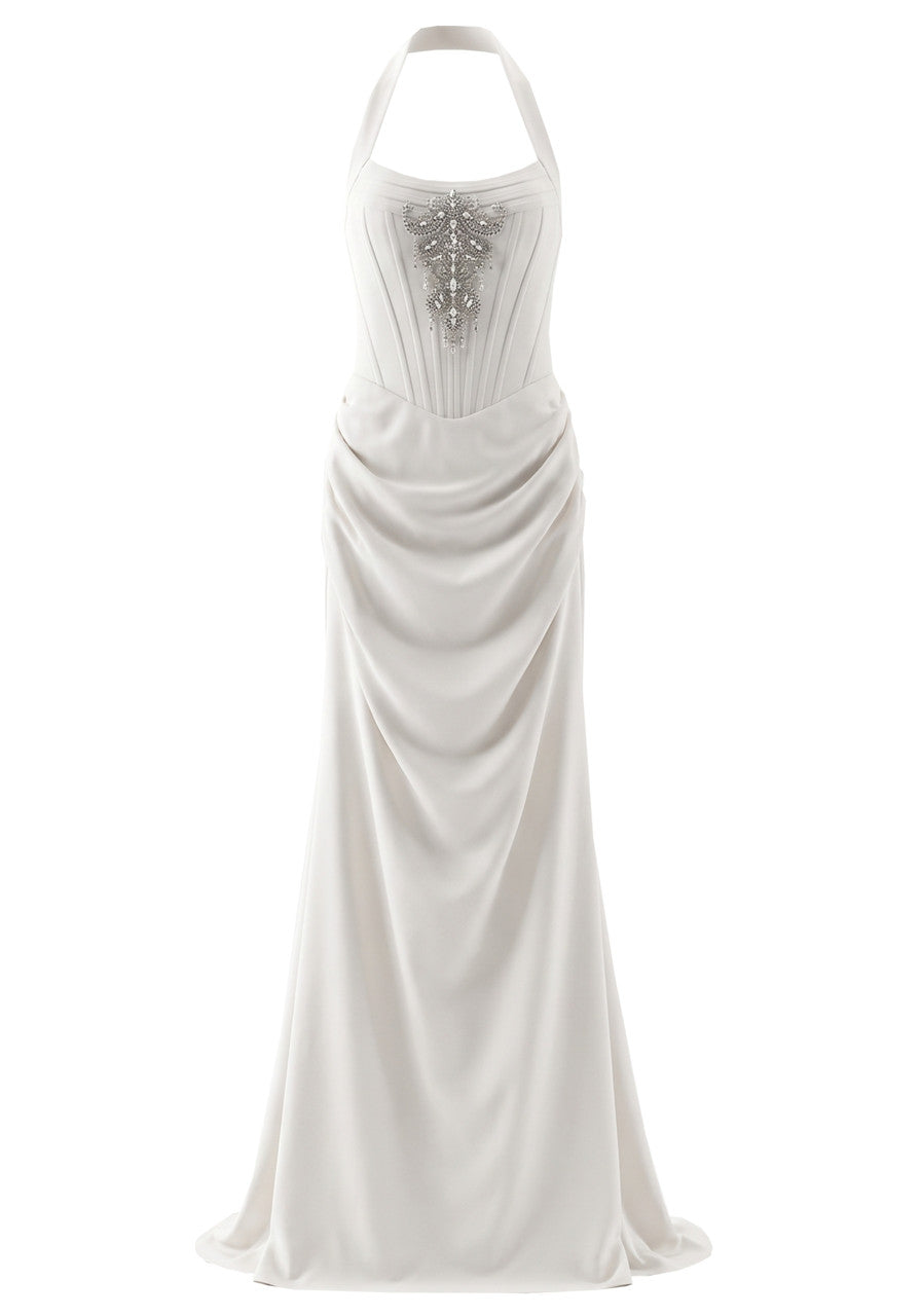 Halter Crystal Structured Draped Maxi Dress White