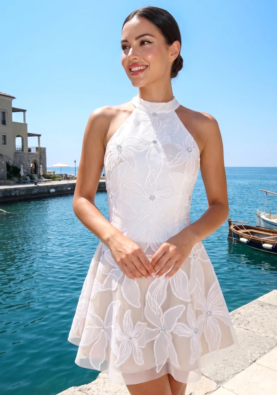 Halter Floral Embroidered A Line Dress White